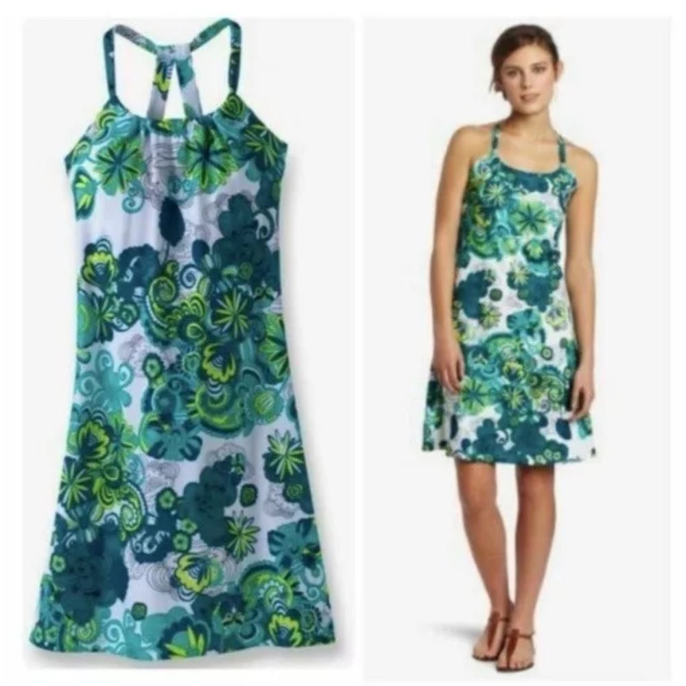 PRANA Blue Green Bold Floral Print Mini QUINN Dress Shelf Bra Gorpcore Beach S